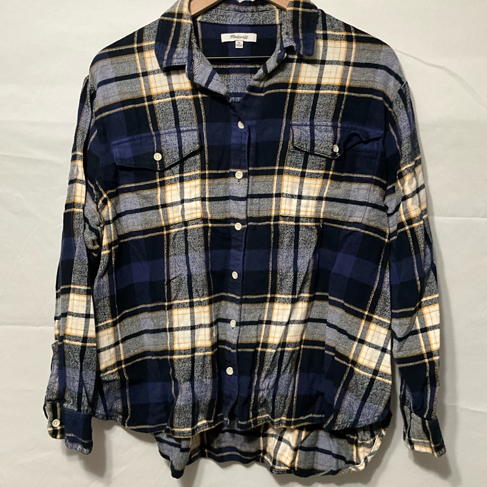 Madewell Navy and Yellow Plaid Women's Button Down Shirt